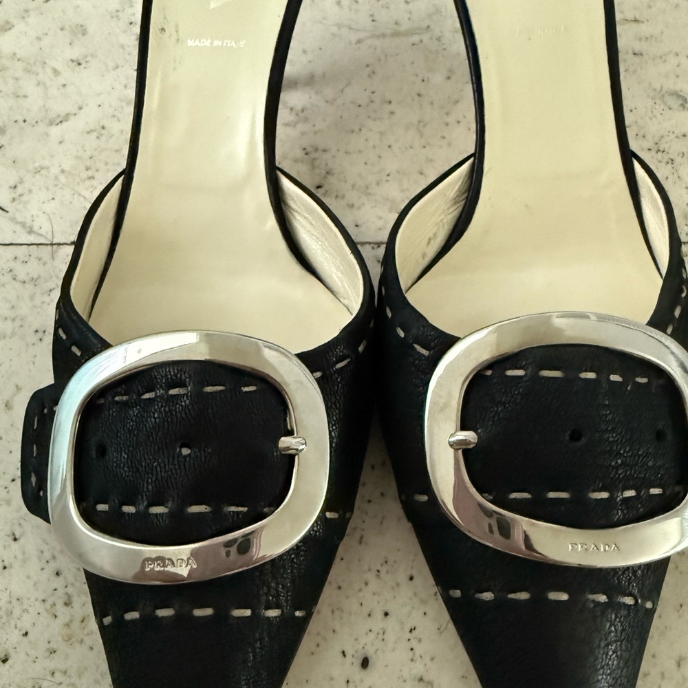 Prada Black and Silver Heels with Decorative Buckles